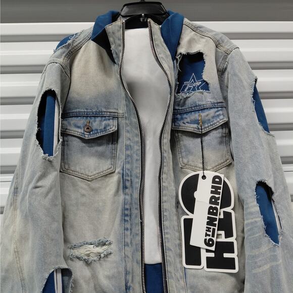 6th NBRHD Stripes Men’s Light Wash Distressed Denim Jacket XL Streetwear Y2K - Picture 6 of 13